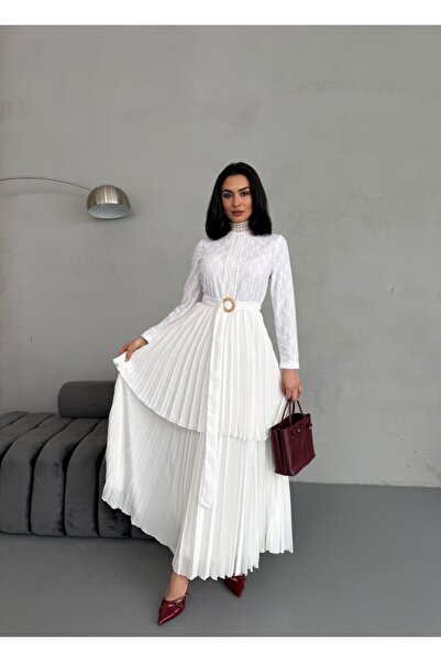 suphias Crepe Fabric Lace Detailed Belted Dress (Lined)