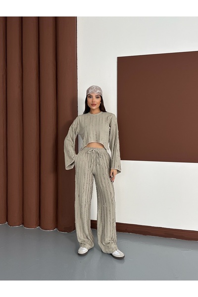 MODAMERSİ Women's Khaki Spanish Sleeve Ruffle Fabric Bottom Top Set