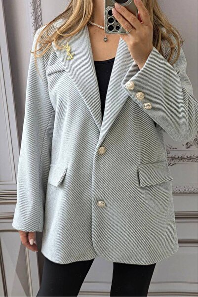 MAXORA SHOP Elegant women's jacket made of striped fabric with removable brooch