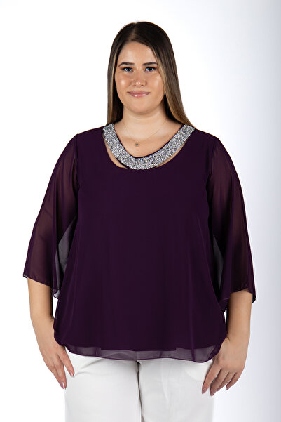 MEDOL GİYİM büyük beden yaka taşlı şifon abiye-bluz