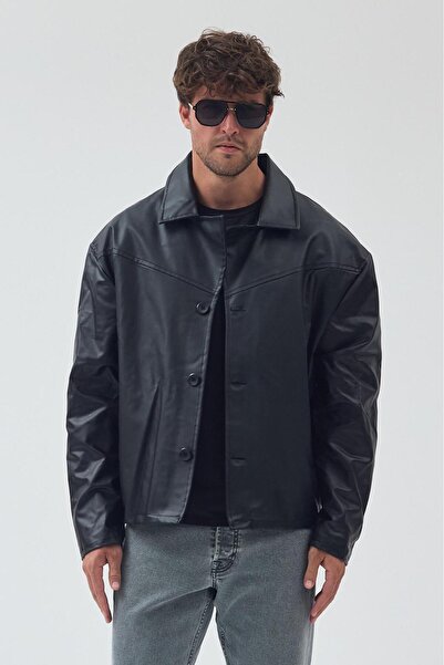 Jaglion Ανδρικό μαύρο δερμάτινο μπουφάν με κουμπιά Vintage