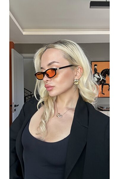 TomyHelf Siyah Çerçeve Turuncu Cam Gold Detaylı Geometrik Güneş Gözlüğü