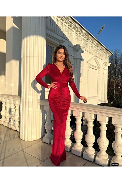 Modafeminen Quinn Kemer Detay Simli Kadife Elbise 582348 KIRMIZI