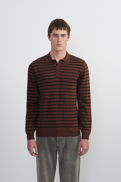 SILVANO Men's Striped Long Sleeve Coffee Loose Polo Neck T-Shirt