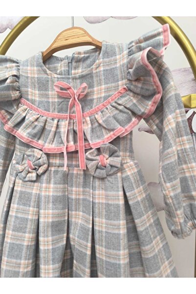 kidsense Ruffled Collar Bow Tie Checkered Girl's Dress