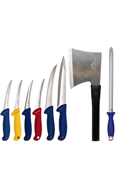 OEM Set de măcelărie cu 8 piese, 6 cuțite, 1 oțel magnetic de ascuțit, 1 topor din oțel carbon