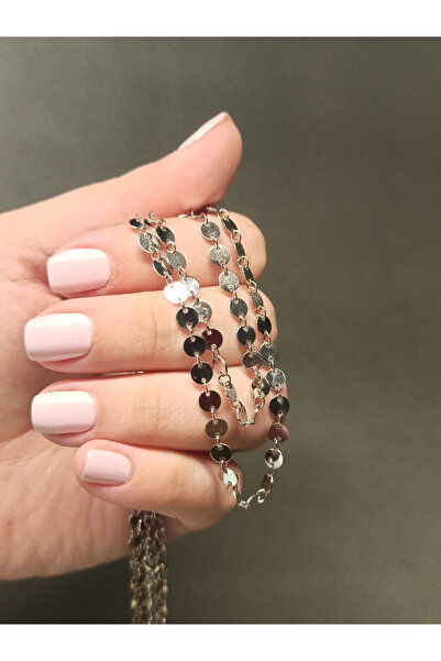 TREND Yuvarlak Pullu Gümüş Zincir Kolye, 90 cm Aynalı Zincir, Uzun Kadın Zincir Kolye