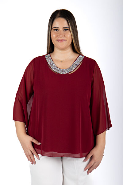 MEDOL GİYİM büyük beden yaka taşlı şifon abiye-bluz