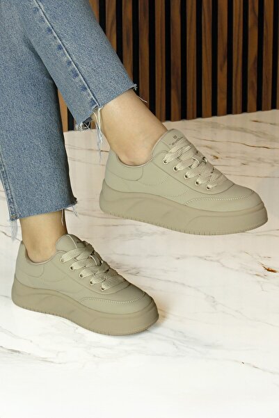 Erkan Saçmacı Khaki Vegan Round Toe Lace-Up Flatform Sole Casual Sneaker Sports Shoes