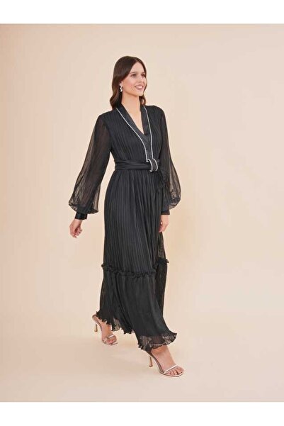 SERPİL Şifon Uzun Kollu Piliseli Kuşaklı Maxi Elbise 51120