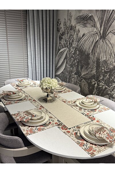 Heriya Set de 6 servicii americane cu model nobil din in, 6 servicii americane și 1 șorț – 6 șervețele