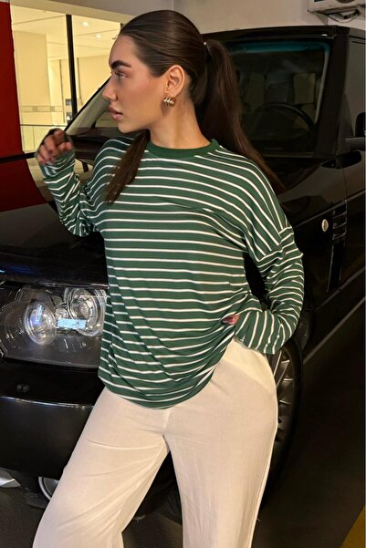 Madmext Yeşil Çizgili Sweatshirt MG2572