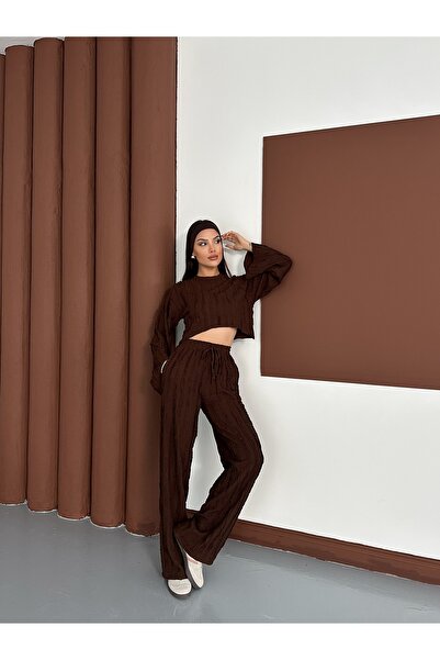 MODAMERSİ Women's Brown Spanish Sleeve Ruffle Fabric Bottom Top Set