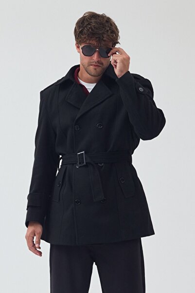 Jaglion Men's Relaxed Fit Windproof Long Black Cashmere Coat