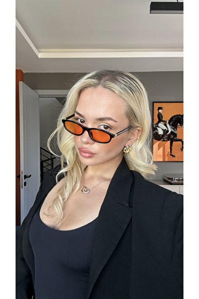 TomyHelf Siyah Çerçeve Turuncu Cam Gold Detaylı Geometrik Güneş Gözlüğü