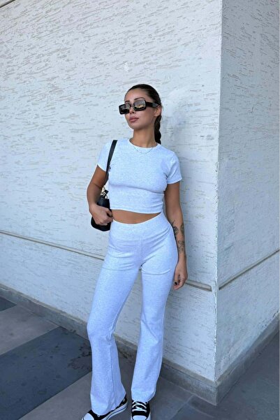 Güneş Short Sleeve Crop Top and High Waist Pants- Women's Sporty Stylish Two-...