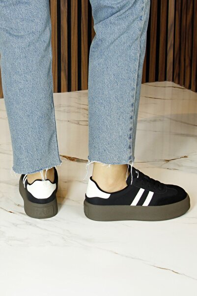 Erkan Saçmacı Black Vegan Suede Round Toe Lace-Up Flatform Sole Casual Sneaker Sports Shoes