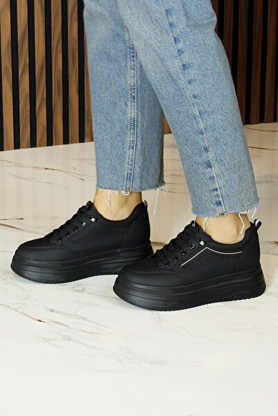 Erkan Saçmacı Black Vegan Round Toe Rubber Laced Flatform Sole Casual Sneaker Sports Shoes