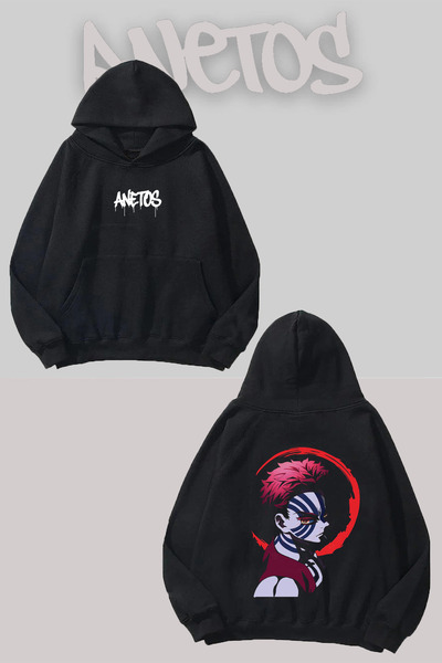 Anetos Demon Slayer Akaza 3 Sırt cu imprimeu Negru cu glugă Swea tricou