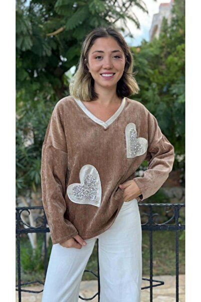 Punta Otantik Ls1119 Italian Heart Pattern Velvet Blouse Camel