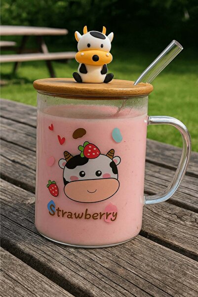 Jenisa Cow Figured Glass Mug – Soft Drink Glass with Bamboo Lid and Glass Straw - Strawberry