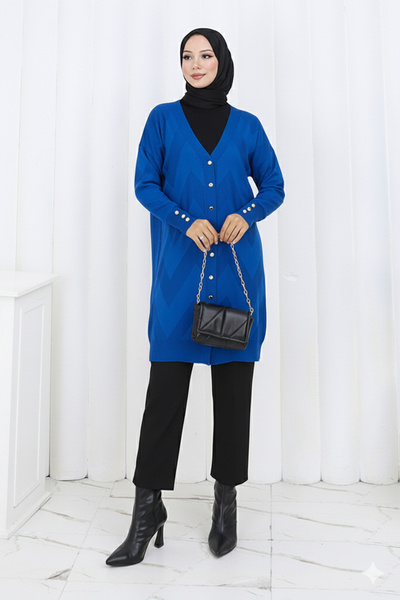 benguen Μακριά ζακέτα με σχέδιο N3193 μπλε κοβαλτίου