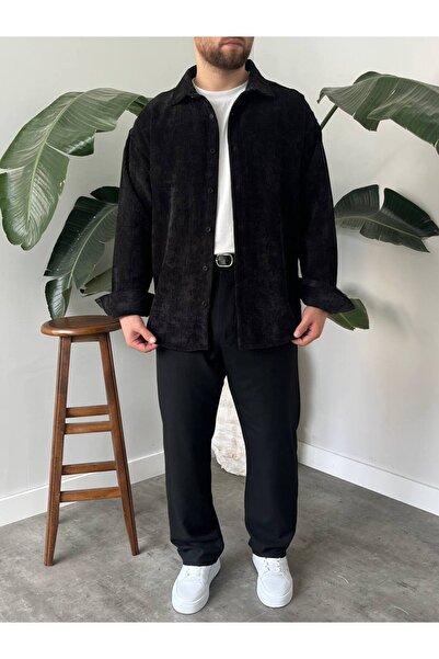 BayAygün 5103 Oversize Kadife Gomlek _Siyah