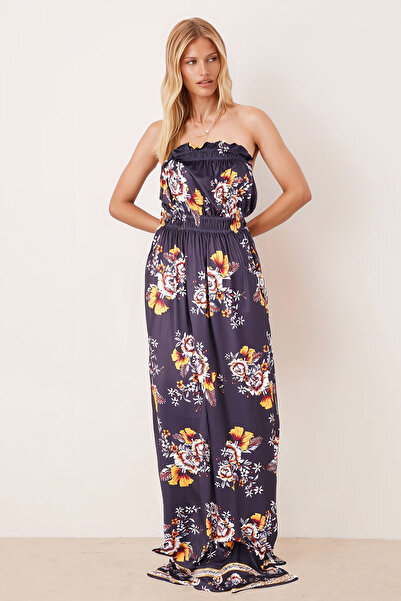 armonika Γυναικείο μακρύ φόρεμα με ελαστικό στράπλες σε μπλε ναυτικό χρώμα ARM-25Y001105