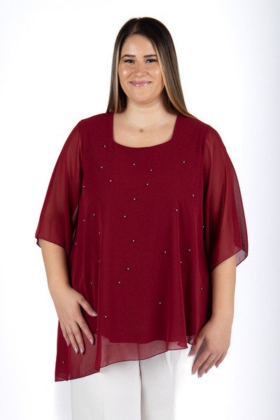 MEDOL GİYİM Büyük beden kadın incili şifon kare yaka abiye bluz