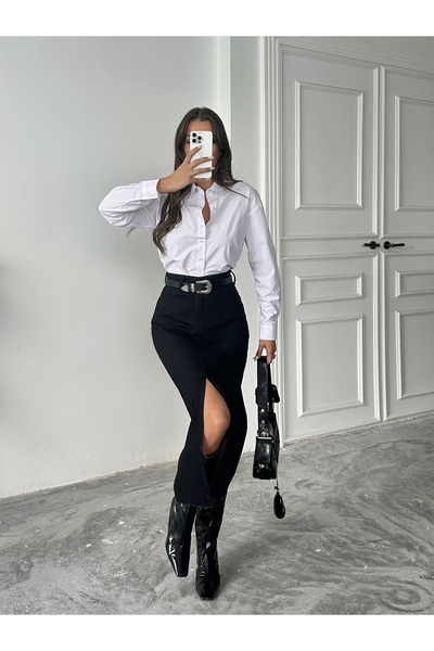 blue marlın KADIN SİYAH UCU KESİK ÖN YIRTMAÇ KOT ETEK