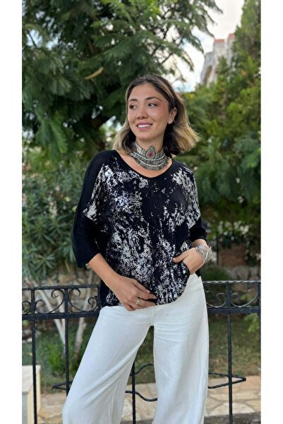 Punta Otantik NC6016 Ιταλική μπλούζα με λεπτή πλεκτή ύφασμα με στάμπα, μαύρη