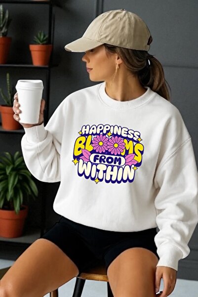 ArtYus سويت شيرت برقبة دائرية مطبوع عليه Happiness Transfer بأكمام طويلة للجنسين