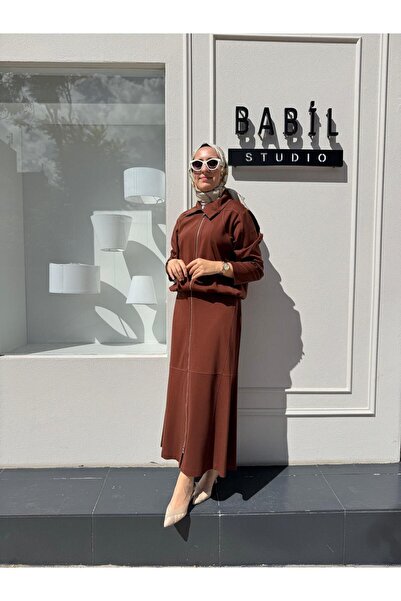 MissWhence 38201 طقم نسائي بسحاب بلون القرفة