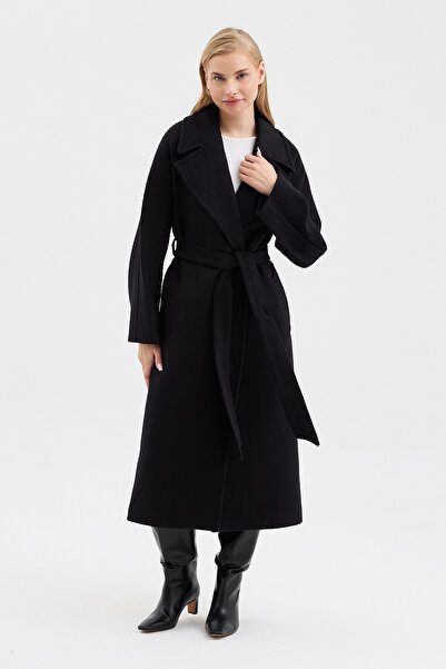 DOLCEBELLA KADIN YARASA KOL KRUVAZE KAPAMA LACİVERT KAŞE KABAN