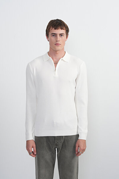 SILVANO Men's Basic Long Sleeve White Knitwear Polo Neck T-Shirt