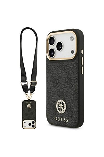 Guess original iPhone 17 Pro 4G case — Strass Logo, Big Strap, Metal Button, MagSafe, Black