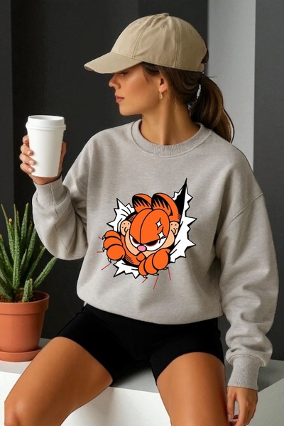 ArtYus Tricou unisex cu mânecă lungă Garfield Transfer cu imprimeu guler rotund Swea tricou