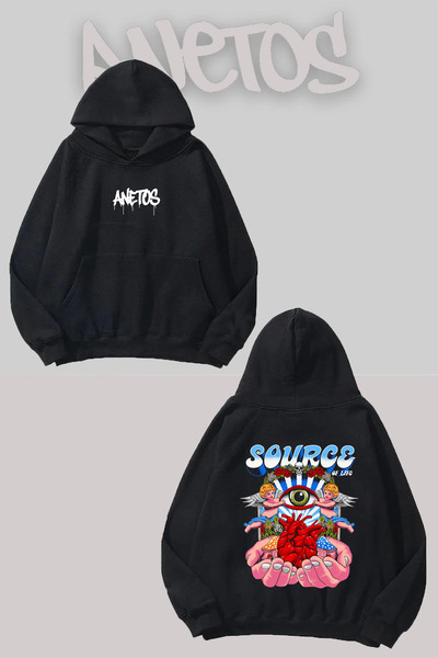 Anetos Source Sırt cu imprimeu Negru cu glugă Swea tricou