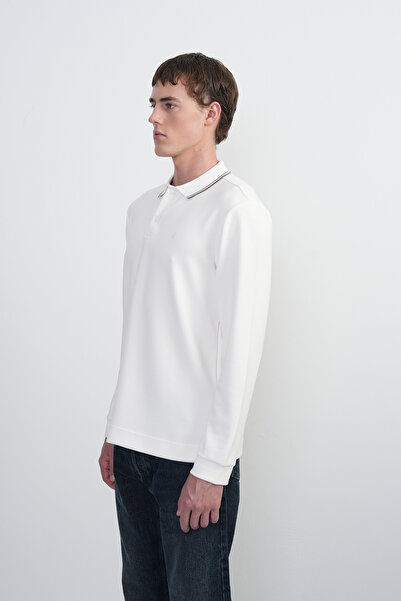 SILVANO Men's Collar Striped Long Sleeve White Polo Neck T-Shirt