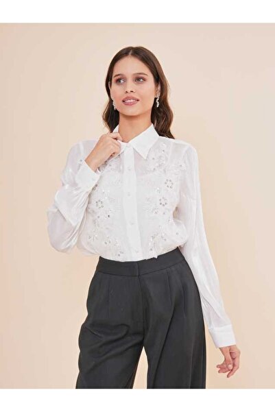SERPİL Dantel ve Boncuk İşlemeli Uzun Kollu Gömlek 51114