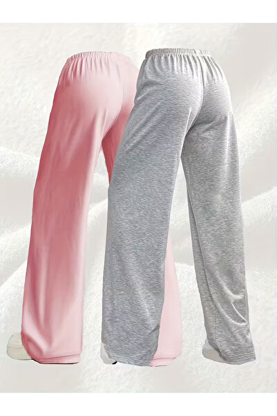 Genel Markalar İKİ ADET PEMBE VE GRİ RAHAT KALIP BOL PAÇA EŞOFMAN ALTI