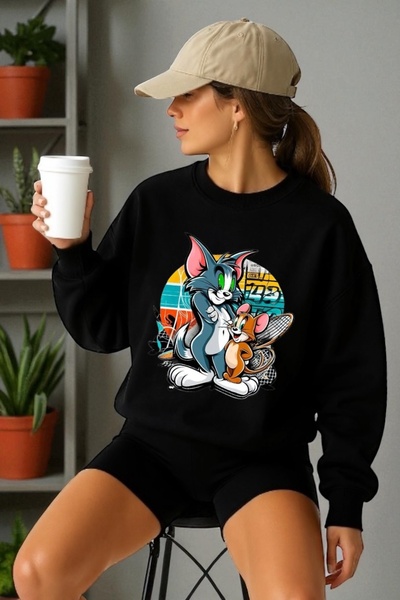 ArtYus Унисекс дълъг ръкав Том и Джери трансфер печат велосипед врата суитшърт