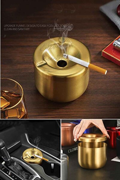 Kitchen Beauty Gold Metal Kapaklı Küllük – Portatif ve Modern Tasarım, Şık Gold Kül Tablası Araç İçin Uygun Küllük