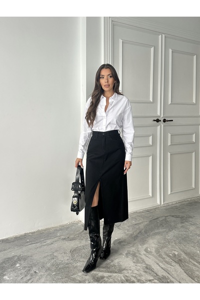 blue marlın KADIN SİYAH UCU KESİK ÖN YIRTMAÇ KOT ETEK