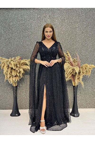 E&A Eren Abiye SİYAH V Yaka Pelerin Kol Derin Yırtmaçlı Abiye