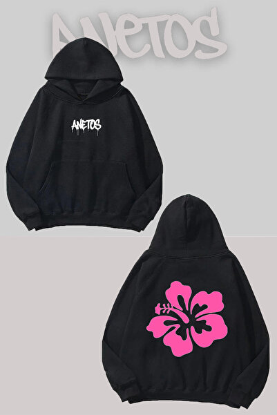 Anetos Flower Sırt cu imprimeu Negru cu glugă Swea tricou
