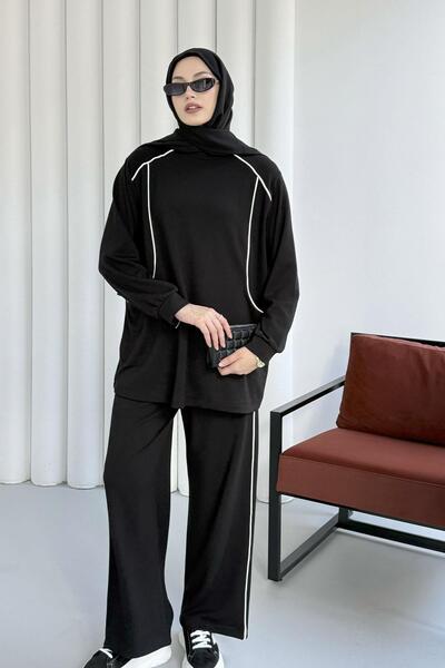 Modaensarbutik Biye Detaylı Kanguru Cepli Tesettür Takım-SİYAH