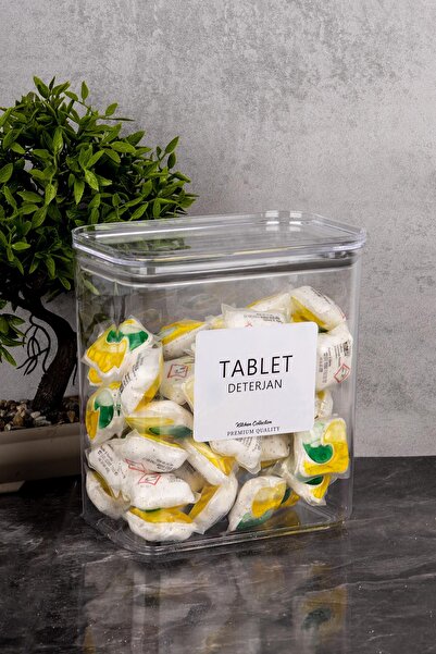 Minya Home Tablet Deterjan Saklama Kabı 2200 ml Vakum Kapaklı Etiket Hediyeli Deterjanlık Kabı