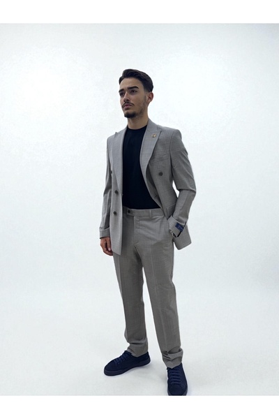 ROMASTER Erkek Slim Fit Çizgili Gri Kruvaze Yün Takım Elbise