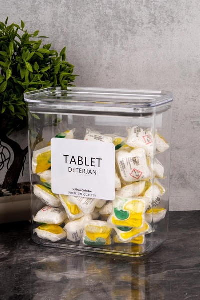 Minya Home Tablet Deterjan Saklama Kabı 2200 ml Vakum Kapaklı Etiket Hediyeli Deterjanlık Kabı